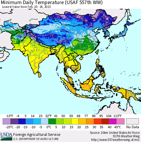 Asia Minimum Daily Temperature (USAF 557th WW) Thematic Map For 2/20/2023 - 2/26/2023
