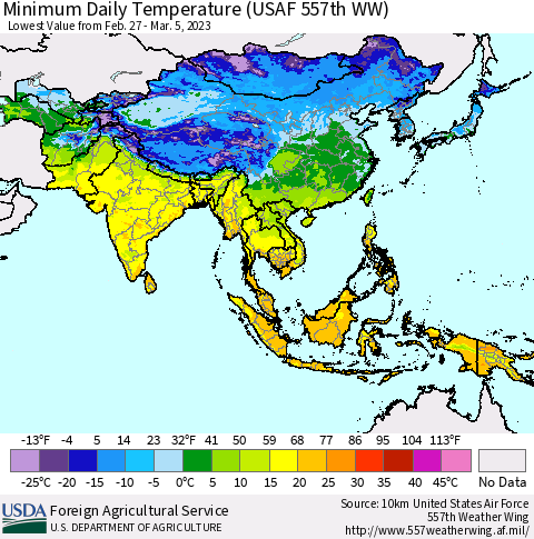Asia Minimum Daily Temperature (USAF 557th WW) Thematic Map For 2/27/2023 - 3/5/2023