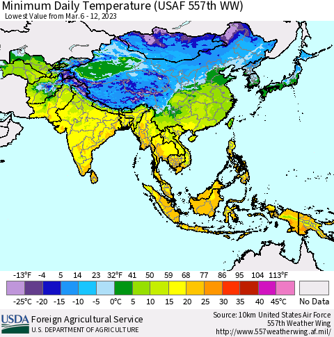 Asia Minimum Daily Temperature (USAF 557th WW) Thematic Map For 3/6/2023 - 3/12/2023