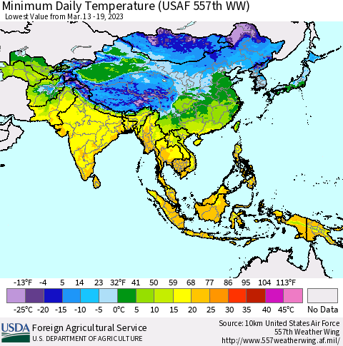 Asia Minimum Daily Temperature (USAF 557th WW) Thematic Map For 3/13/2023 - 3/19/2023