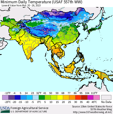 Asia Minimum Daily Temperature (USAF 557th WW) Thematic Map For 3/20/2023 - 3/26/2023