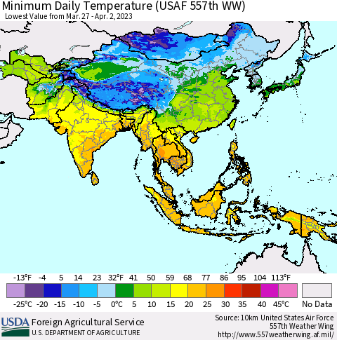 Asia Minimum Daily Temperature (USAF 557th WW) Thematic Map For 3/27/2023 - 4/2/2023