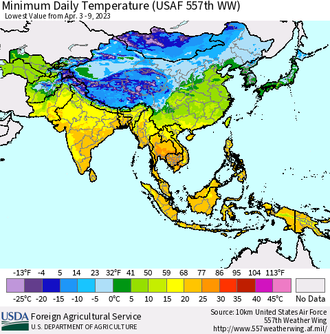 Asia Minimum Daily Temperature (USAF 557th WW) Thematic Map For 4/3/2023 - 4/9/2023