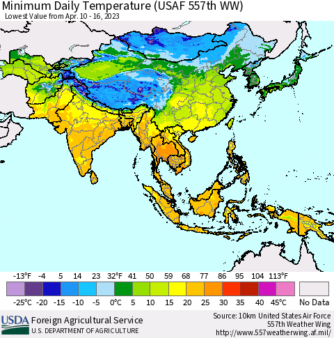Asia Minimum Daily Temperature (USAF 557th WW) Thematic Map For 4/10/2023 - 4/16/2023