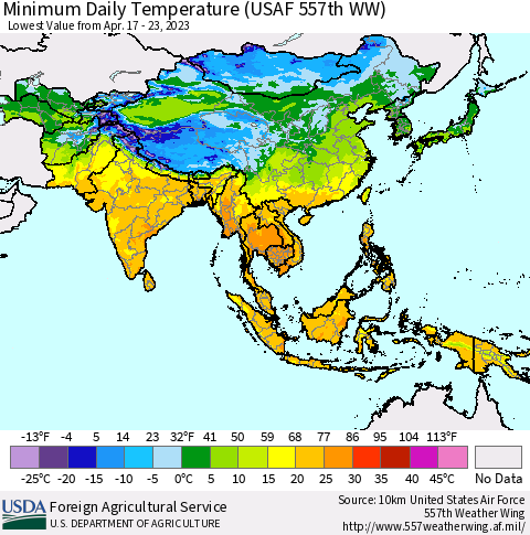 Asia Minimum Daily Temperature (USAF 557th WW) Thematic Map For 4/17/2023 - 4/23/2023