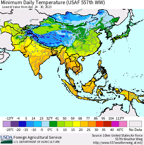 Asia Minimum Daily Temperature (USAF 557th WW) Thematic Map For 4/24/2023 - 4/30/2023