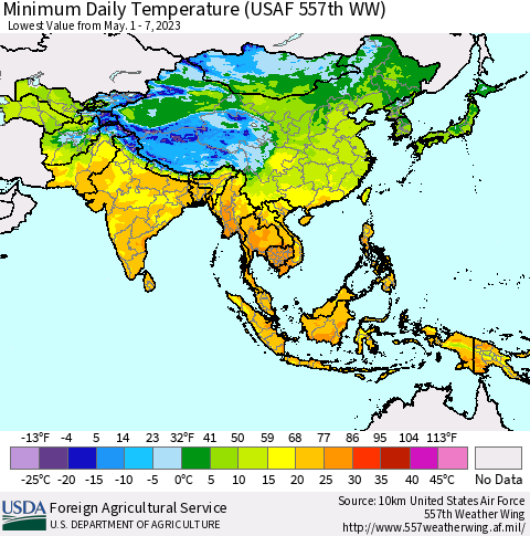 Asia Minimum Daily Temperature (USAF 557th WW) Thematic Map For 5/1/2023 - 5/7/2023
