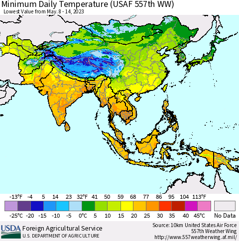 Asia Minimum Daily Temperature (USAF 557th WW) Thematic Map For 5/8/2023 - 5/14/2023