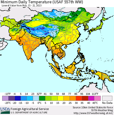Asia Minimum Daily Temperature (USAF 557th WW) Thematic Map For 5/15/2023 - 5/21/2023