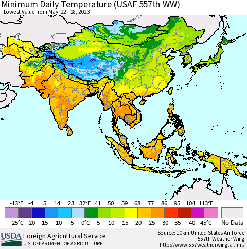 Asia Minimum Daily Temperature (USAF 557th WW) Thematic Map For 5/22/2023 - 5/28/2023