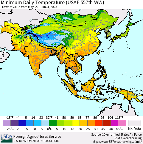 Asia Minimum Daily Temperature (USAF 557th WW) Thematic Map For 5/29/2023 - 6/4/2023