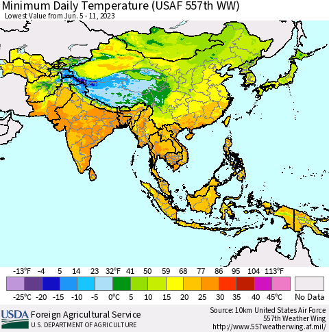Asia Minimum Daily Temperature (USAF 557th WW) Thematic Map For 6/5/2023 - 6/11/2023