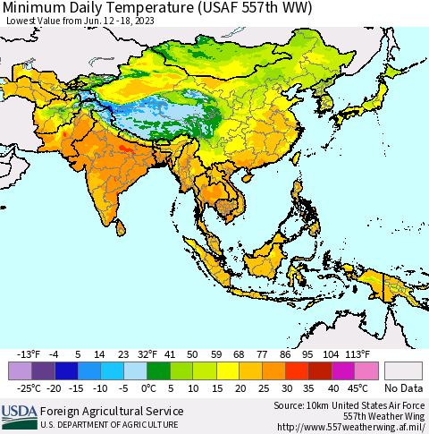 Asia Minimum Daily Temperature (USAF 557th WW) Thematic Map For 6/12/2023 - 6/18/2023