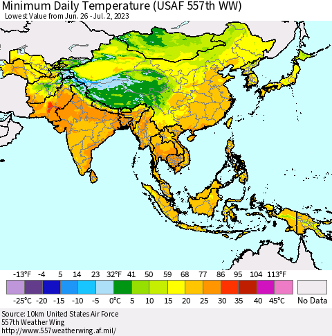 Asia Minimum Daily Temperature (USAF 557th WW) Thematic Map For 6/26/2023 - 7/2/2023