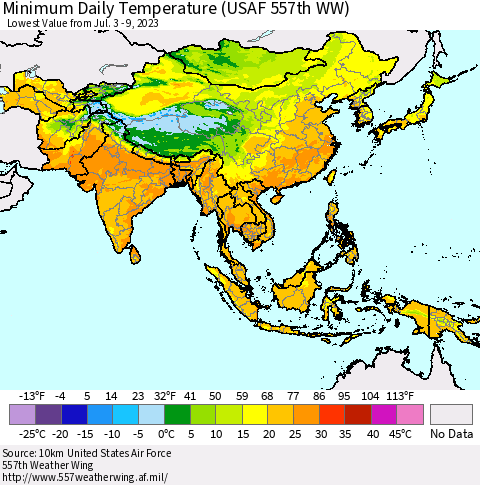 Asia Minimum Daily Temperature (USAF 557th WW) Thematic Map For 7/3/2023 - 7/9/2023