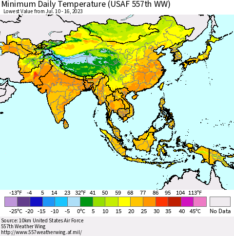 Asia Minimum Daily Temperature (USAF 557th WW) Thematic Map For 7/10/2023 - 7/16/2023