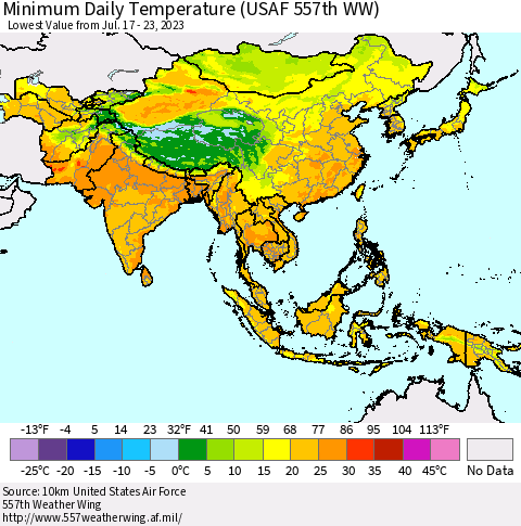 Asia Minimum Daily Temperature (USAF 557th WW) Thematic Map For 7/17/2023 - 7/23/2023