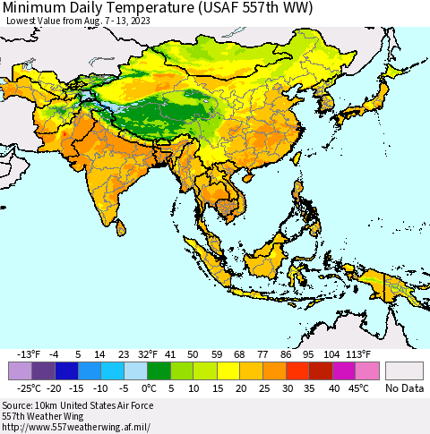 Asia Minimum Daily Temperature (USAF 557th WW) Thematic Map For 8/7/2023 - 8/13/2023