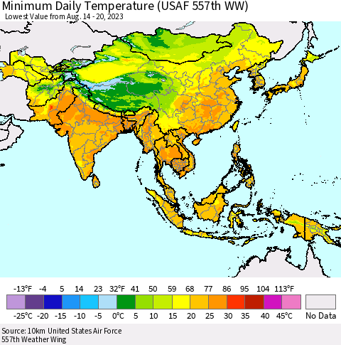 Asia Minimum Daily Temperature (USAF 557th WW) Thematic Map For 8/14/2023 - 8/20/2023