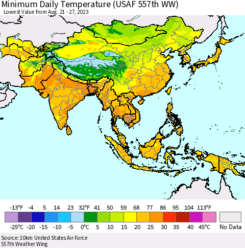 Asia Minimum Daily Temperature (USAF 557th WW) Thematic Map For 8/21/2023 - 8/27/2023