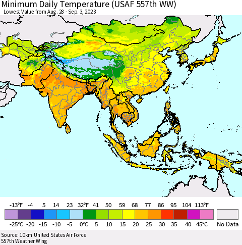 Asia Minimum Daily Temperature (USAF 557th WW) Thematic Map For 8/28/2023 - 9/3/2023