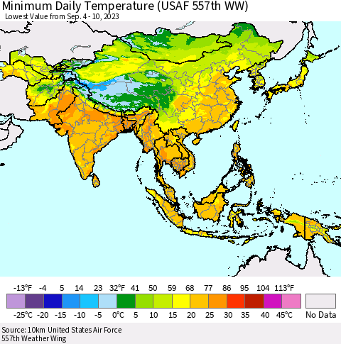 Asia Minimum Daily Temperature (USAF 557th WW) Thematic Map For 9/4/2023 - 9/10/2023
