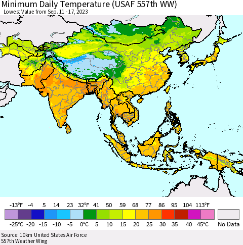 Asia Minimum Daily Temperature (USAF 557th WW) Thematic Map For 9/11/2023 - 9/17/2023