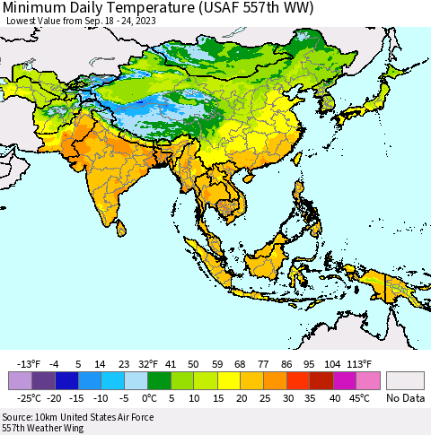 Asia Minimum Daily Temperature (USAF 557th WW) Thematic Map For 9/18/2023 - 9/24/2023