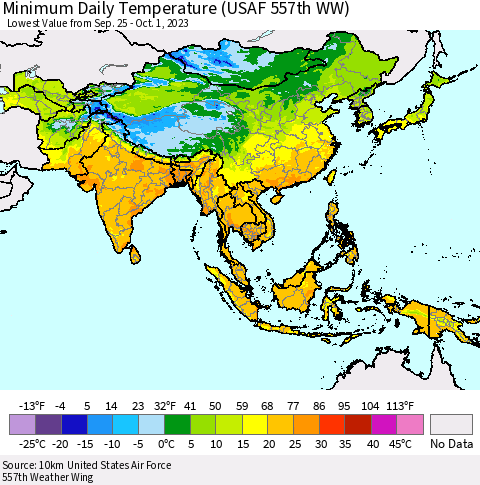 Asia Minimum Daily Temperature (USAF 557th WW) Thematic Map For 9/25/2023 - 10/1/2023