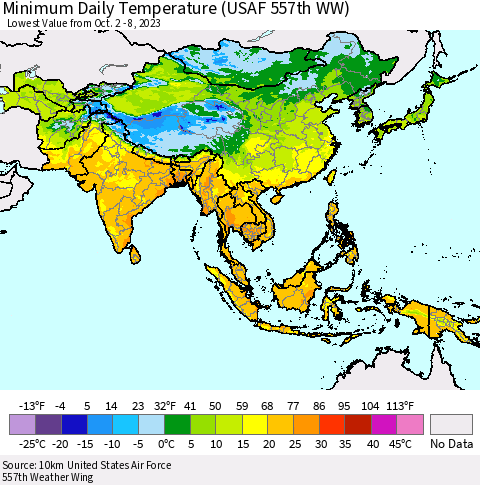 Asia Minimum Daily Temperature (USAF 557th WW) Thematic Map For 10/2/2023 - 10/8/2023