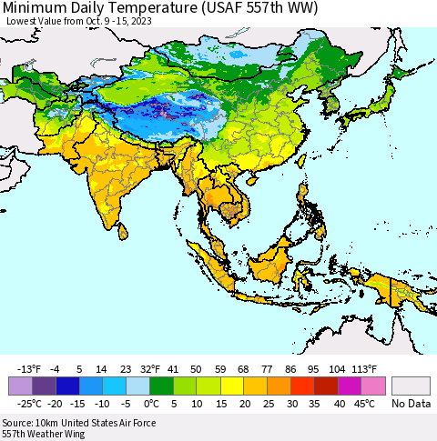 Asia Minimum Daily Temperature (USAF 557th WW) Thematic Map For 10/9/2023 - 10/15/2023