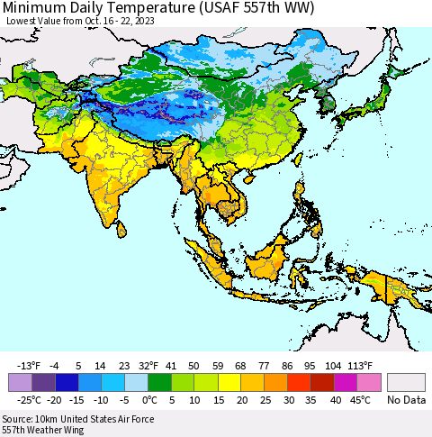 Asia Minimum Daily Temperature (USAF 557th WW) Thematic Map For 10/16/2023 - 10/22/2023
