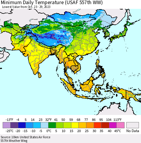 Asia Minimum Daily Temperature (USAF 557th WW) Thematic Map For 10/23/2023 - 10/29/2023