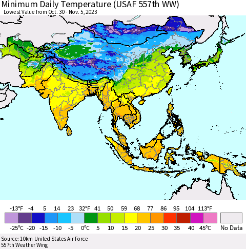 Asia Minimum Daily Temperature (USAF 557th WW) Thematic Map For 10/30/2023 - 11/5/2023
