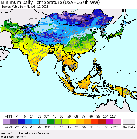Asia Minimum Daily Temperature (USAF 557th WW) Thematic Map For 11/6/2023 - 11/12/2023