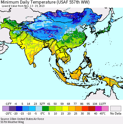 Asia Minimum Daily Temperature (USAF 557th WW) Thematic Map For 11/13/2023 - 11/19/2023