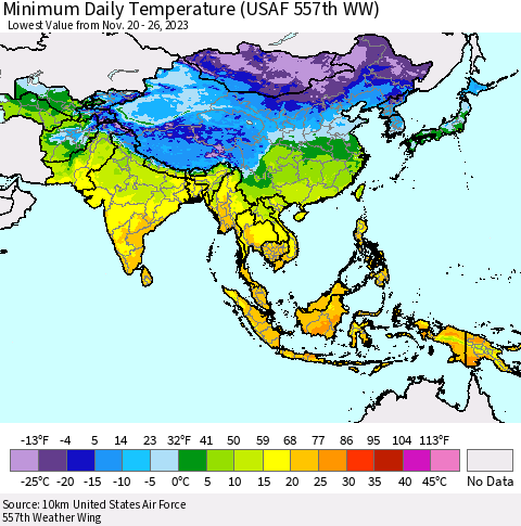 Asia Minimum Daily Temperature (USAF 557th WW) Thematic Map For 11/20/2023 - 11/26/2023