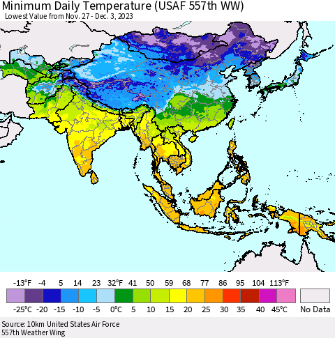 Asia Minimum Daily Temperature (USAF 557th WW) Thematic Map For 11/27/2023 - 12/3/2023