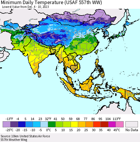 Asia Minimum Daily Temperature (USAF 557th WW) Thematic Map For 12/4/2023 - 12/10/2023