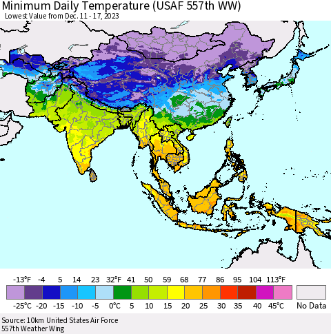 Asia Minimum Daily Temperature (USAF 557th WW) Thematic Map For 12/11/2023 - 12/17/2023