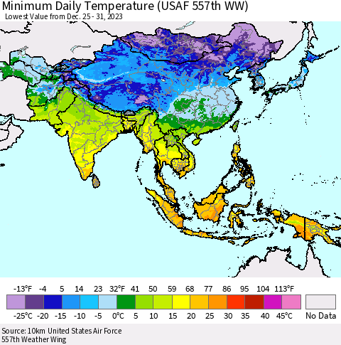 Asia Minimum Daily Temperature (USAF 557th WW) Thematic Map For 12/25/2023 - 12/31/2023