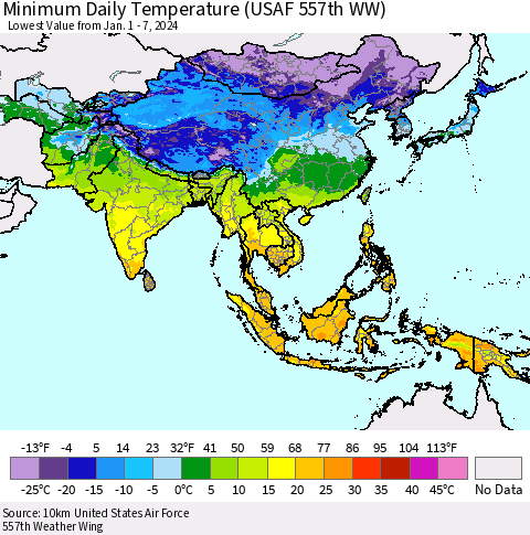 Asia Minimum Daily Temperature (USAF 557th WW) Thematic Map For 1/1/2024 - 1/7/2024