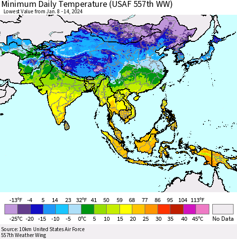 Asia Minimum Daily Temperature (USAF 557th WW) Thematic Map For 1/8/2024 - 1/14/2024
