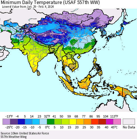 Asia Minimum Daily Temperature (USAF 557th WW) Thematic Map For 1/29/2024 - 2/4/2024