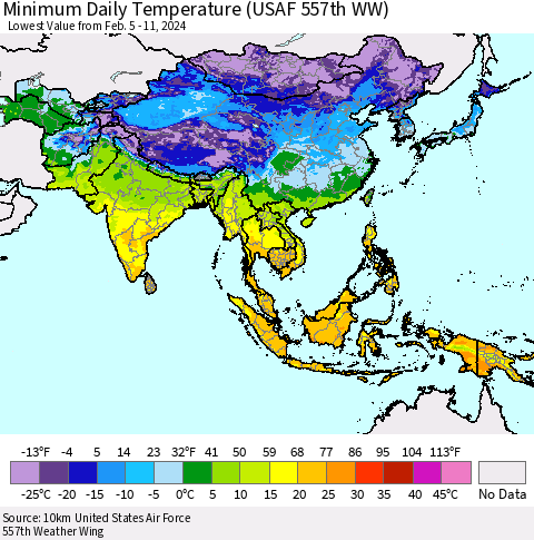 Asia Minimum Daily Temperature (USAF 557th WW) Thematic Map For 2/5/2024 - 2/11/2024