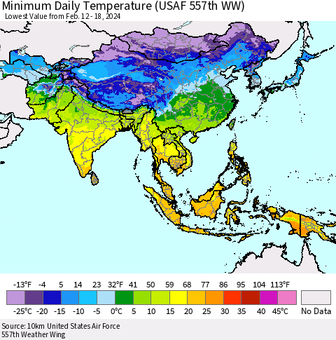 Asia Minimum Daily Temperature (USAF 557th WW) Thematic Map For 2/12/2024 - 2/18/2024