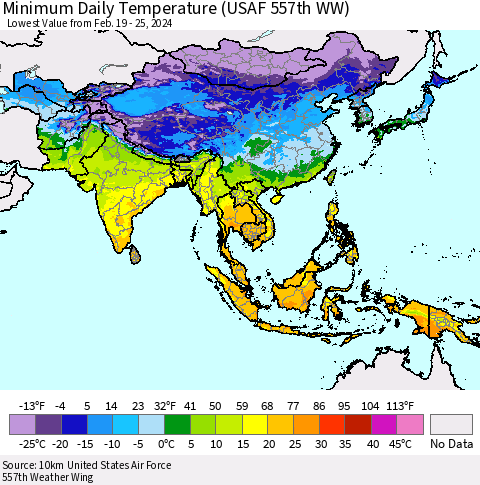 Asia Minimum Daily Temperature (USAF 557th WW) Thematic Map For 2/19/2024 - 2/25/2024