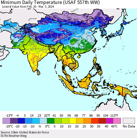 Asia Minimum Daily Temperature (USAF 557th WW) Thematic Map For 2/26/2024 - 3/3/2024