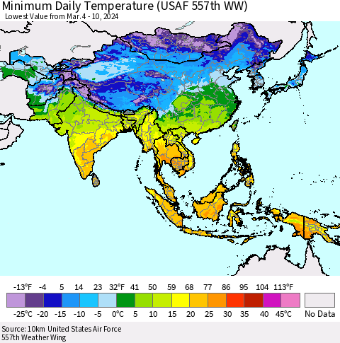 Asia Minimum Daily Temperature (USAF 557th WW) Thematic Map For 3/4/2024 - 3/10/2024