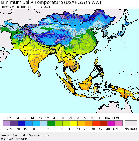 Asia Minimum Daily Temperature (USAF 557th WW) Thematic Map For 3/11/2024 - 3/17/2024